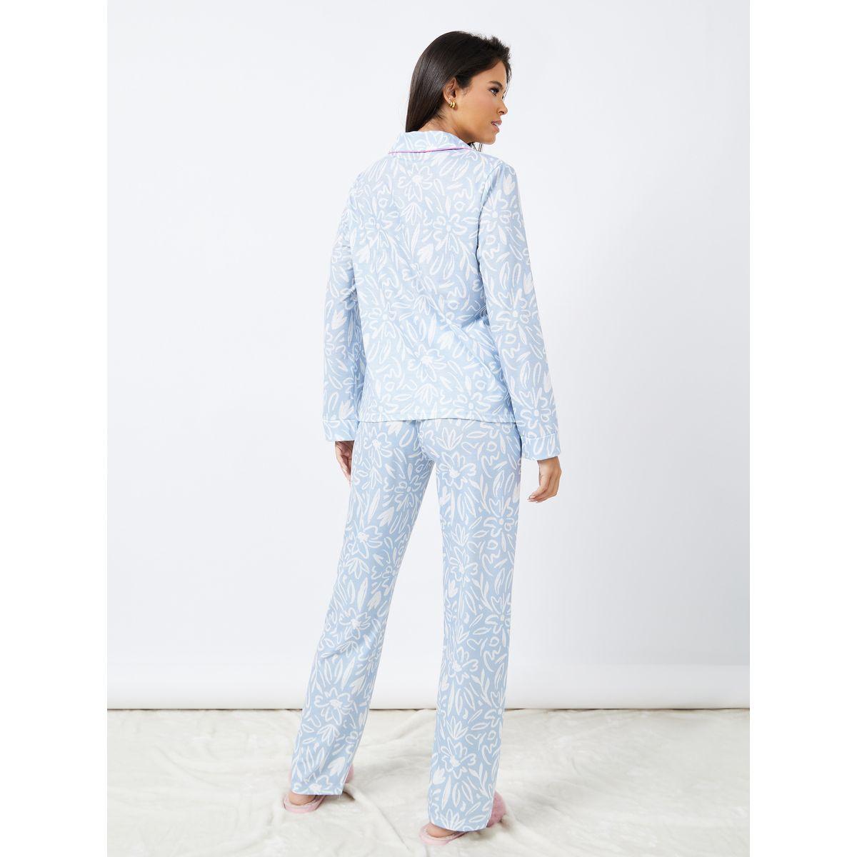 Styli Unwind Floral Print Piped Detail Shirt & Pyjama Set-women-clothing-nightwear-pyjamas-longsets-image-4