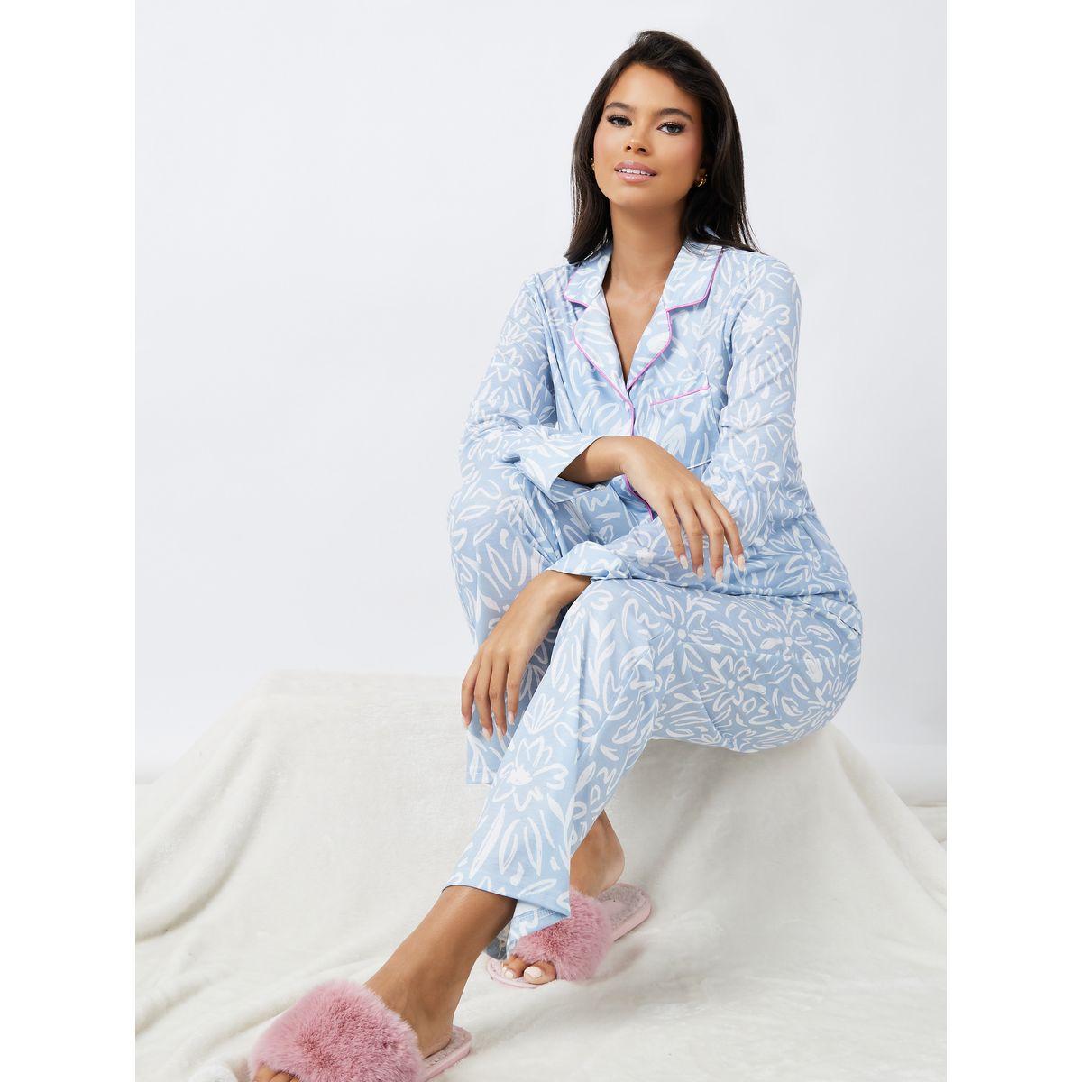Styli Unwind Floral Print Piped Detail Shirt & Pyjama Set-women-clothing-nightwear-pyjamas-longsets-image-7