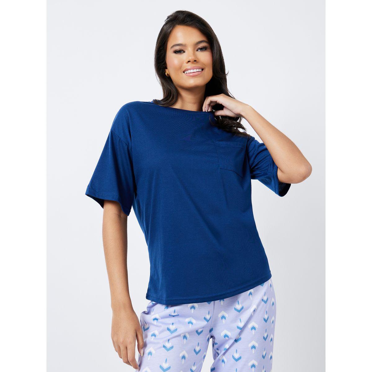 Styli Unwind Drop Shoulder Pocket T-Shirt & Geo Print Pyjama Set-women-clothing-nightwear-pyjamas-longsets-image-5