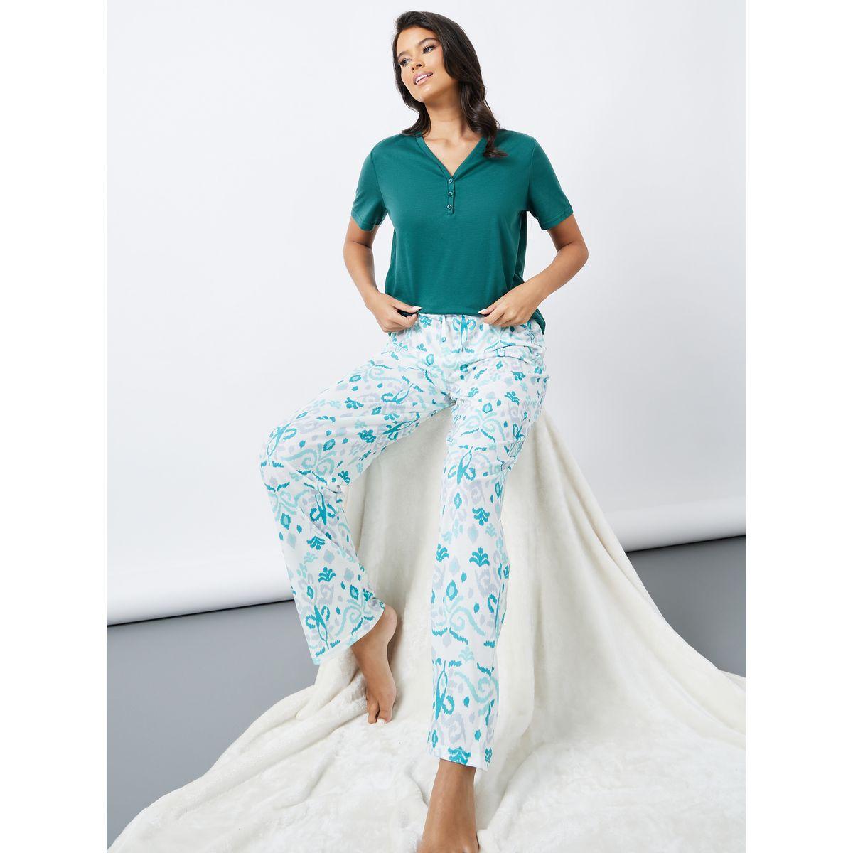 Styli Unwind Solid V Neck Placket T-Shirt & Printed Pyjama Set-women-clothing-nightwear-pyjamas-longsets-image-1