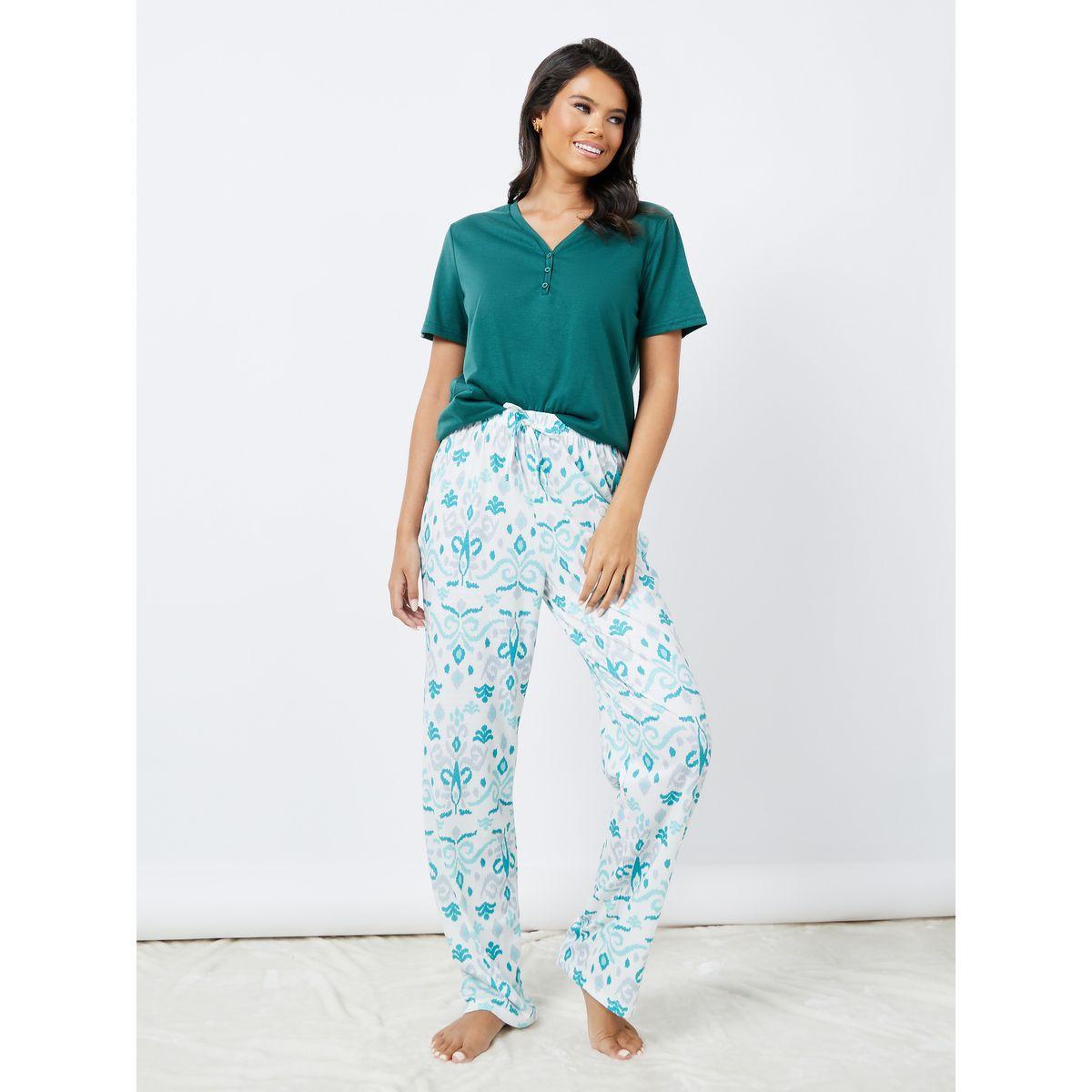 Styli Unwind Solid V Neck Placket T-Shirt & Printed Pyjama Set-women-clothing-nightwear-pyjamas-longsets-image-2