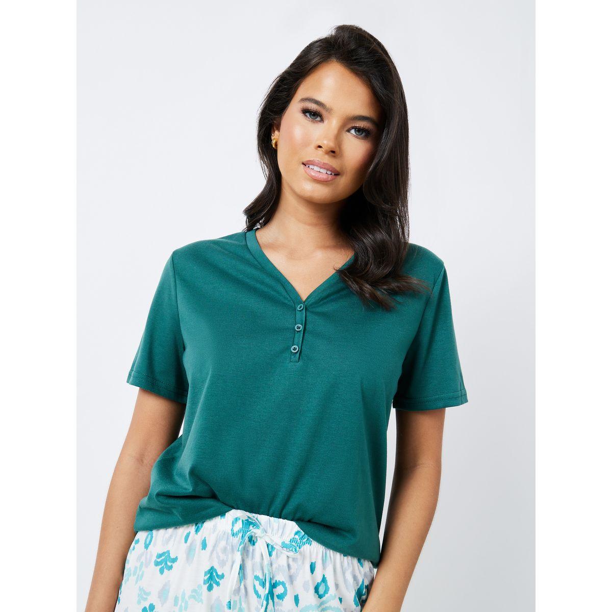 Styli Unwind Solid V Neck Placket T-Shirt & Printed Pyjama Set-women-clothing-nightwear-pyjamas-longsets-image-3