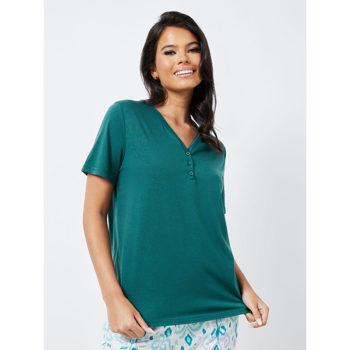 Styli Unwind Solid V Neck Placket T-Shirt & Printed Pyjama Set-women-clothing-nightwear-pyjamas-longsets-image-4