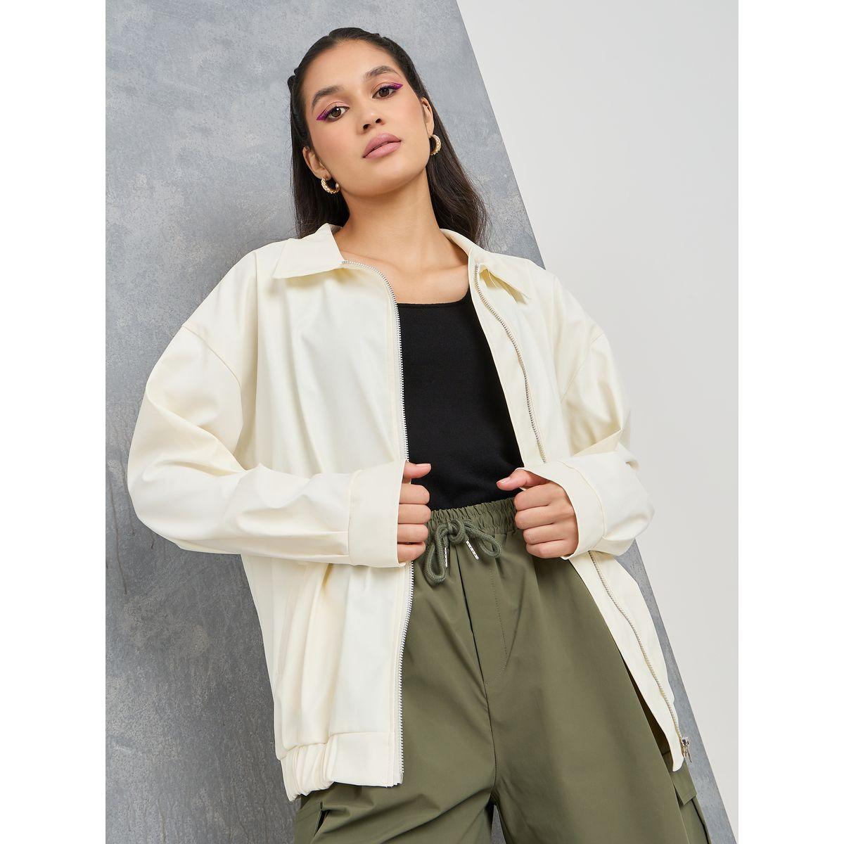 Styli Oversize Solid Collared Zip Up Jacket-women-winterwear-coatsandjackets-jackets-image-1