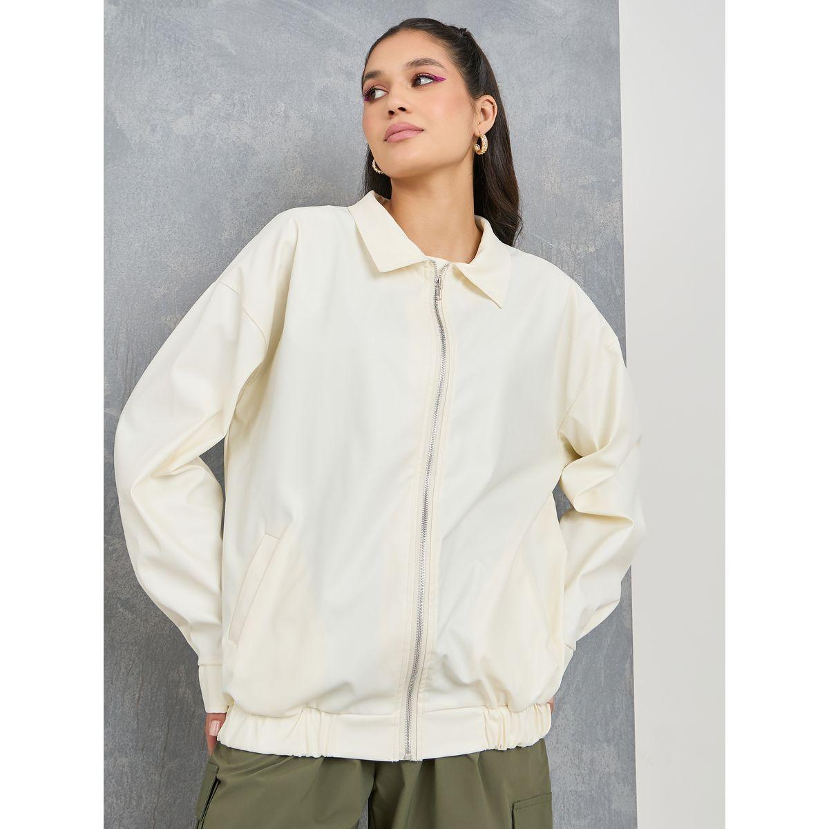Styli Oversize Solid Collared Zip Up Jacket-women-winterwear-coatsandjackets-jackets-image-3