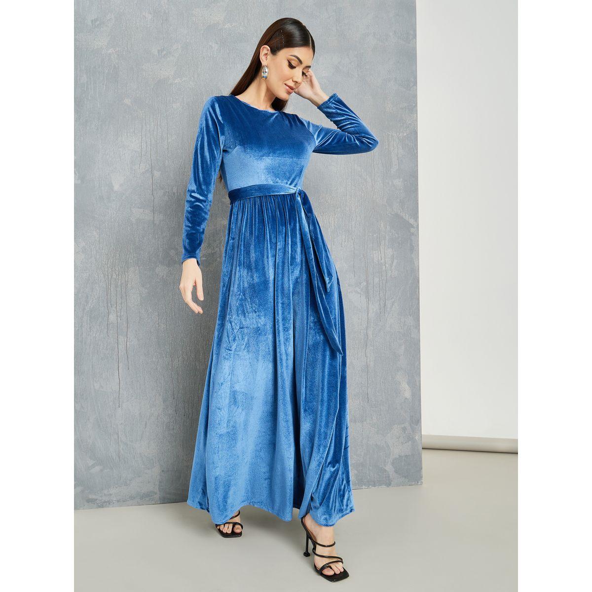 فستان مخملي طويل بحزام خصر-women-clothing-dresses-image-1