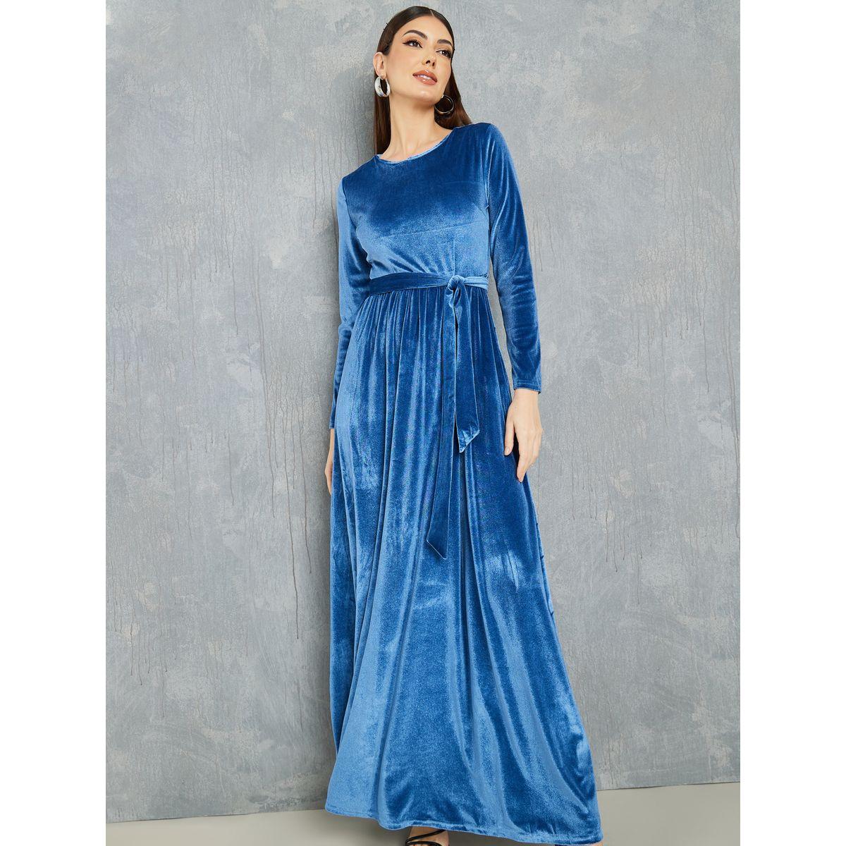 Styli Velvet Look A-Line Maxi Dress With Tie Up Belt-women-clothing-dresses-image-2