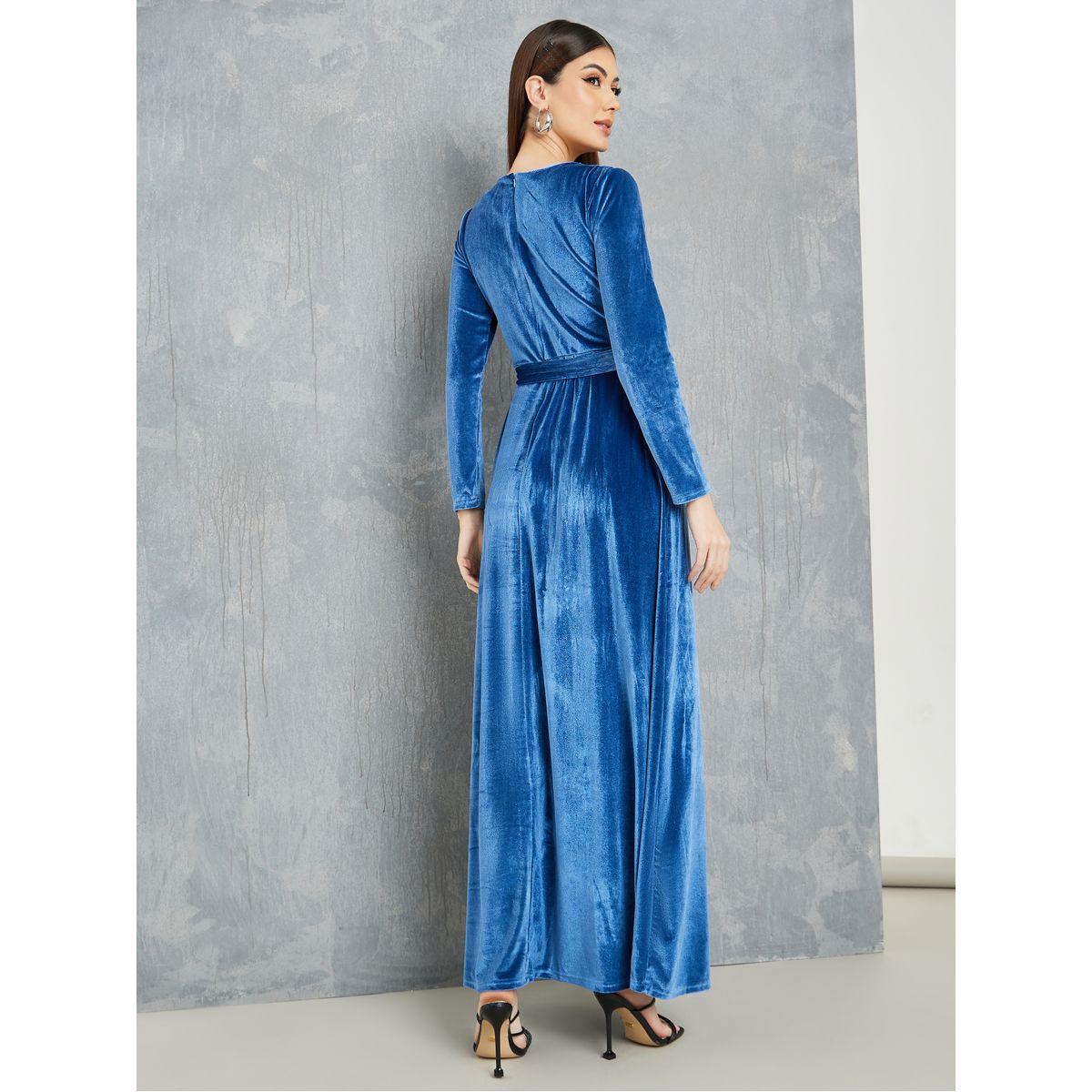 Styli Velvet Look A-Line Maxi Dress With Tie Up Belt-women-clothing-dresses-image-4