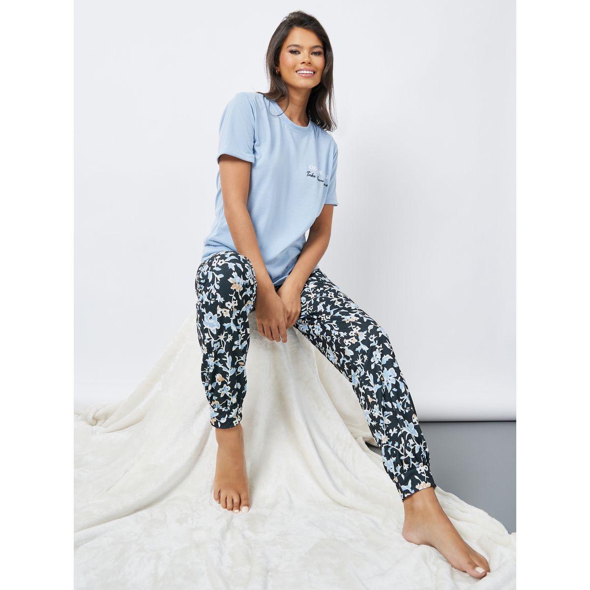 Styli Unwind Slogan Print T-Shirt & AOP Cuffed Pyjama Set-women-clothing-nightwear-pyjamas-longsets-image-1