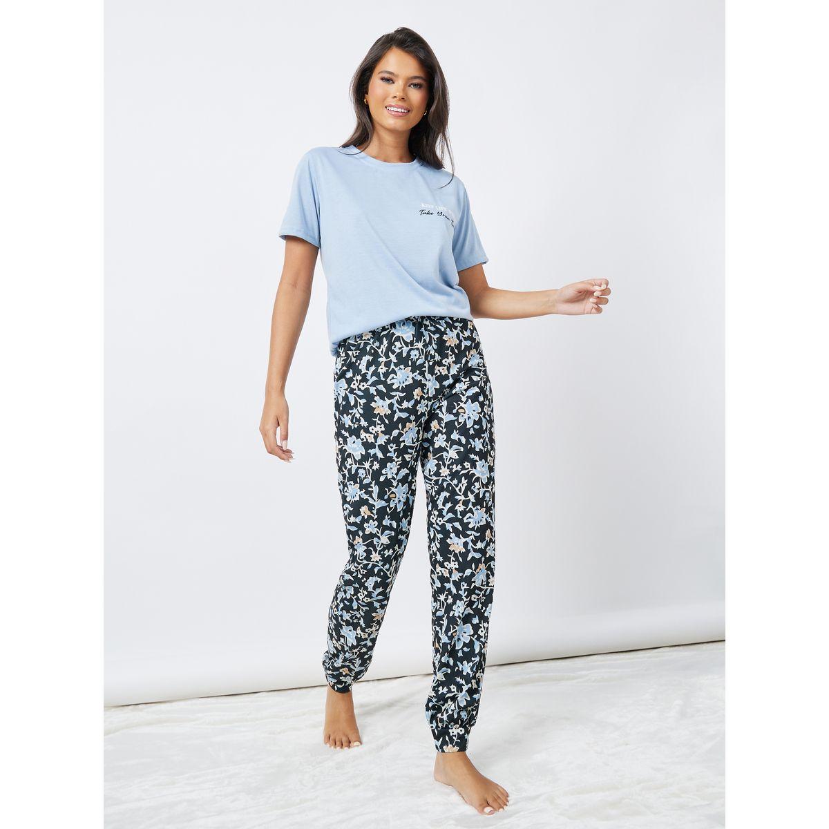 Styli Unwind Slogan Print T-Shirt & AOP Cuffed Pyjama Set-women-clothing-nightwear-pyjamas-longsets-image-2