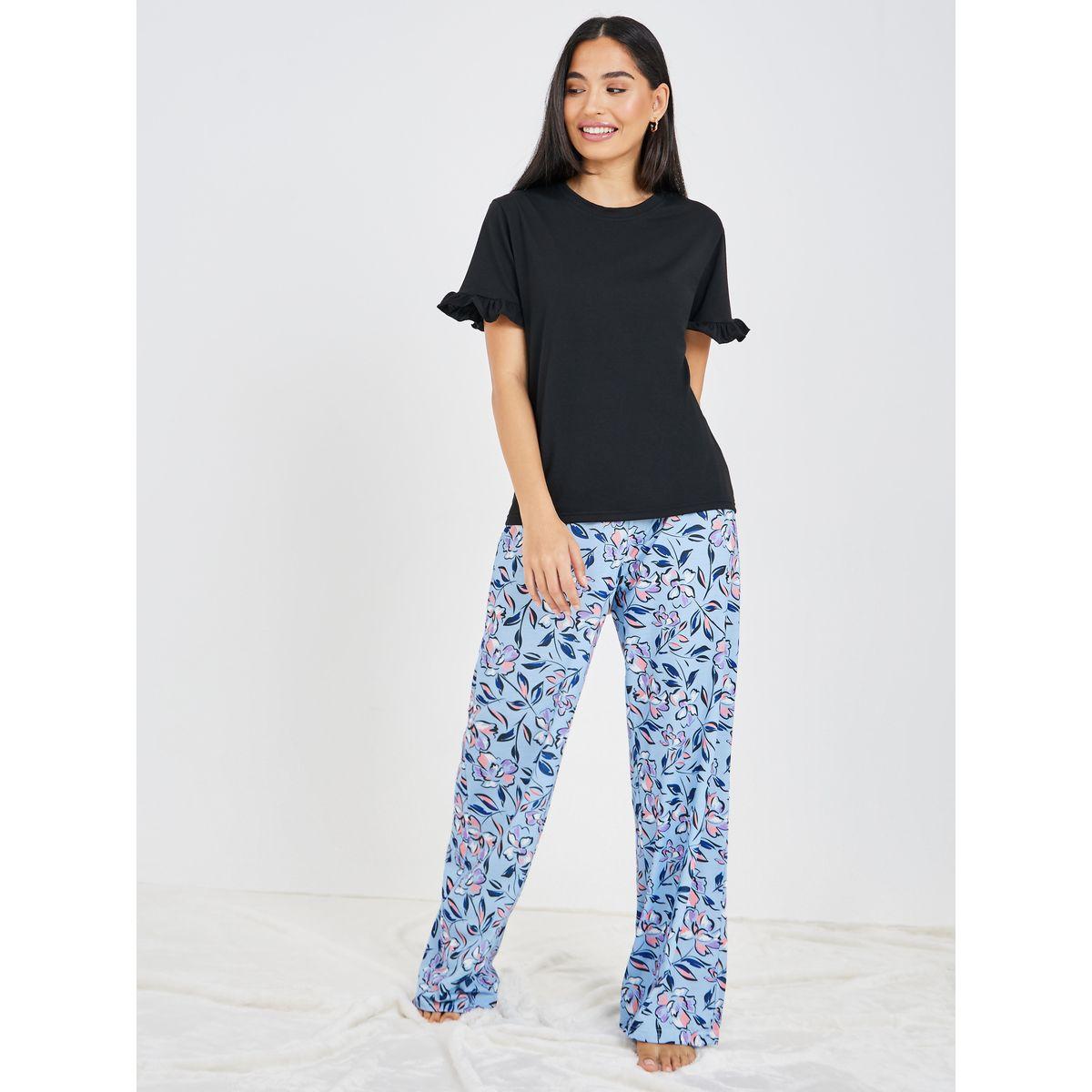 Styli Unwind Ruffle Sleeve Solid T-Shirt & Wide Leg Floral Pyjama Set-women-clothing-nightwear-pyjamas-longsets-image-1