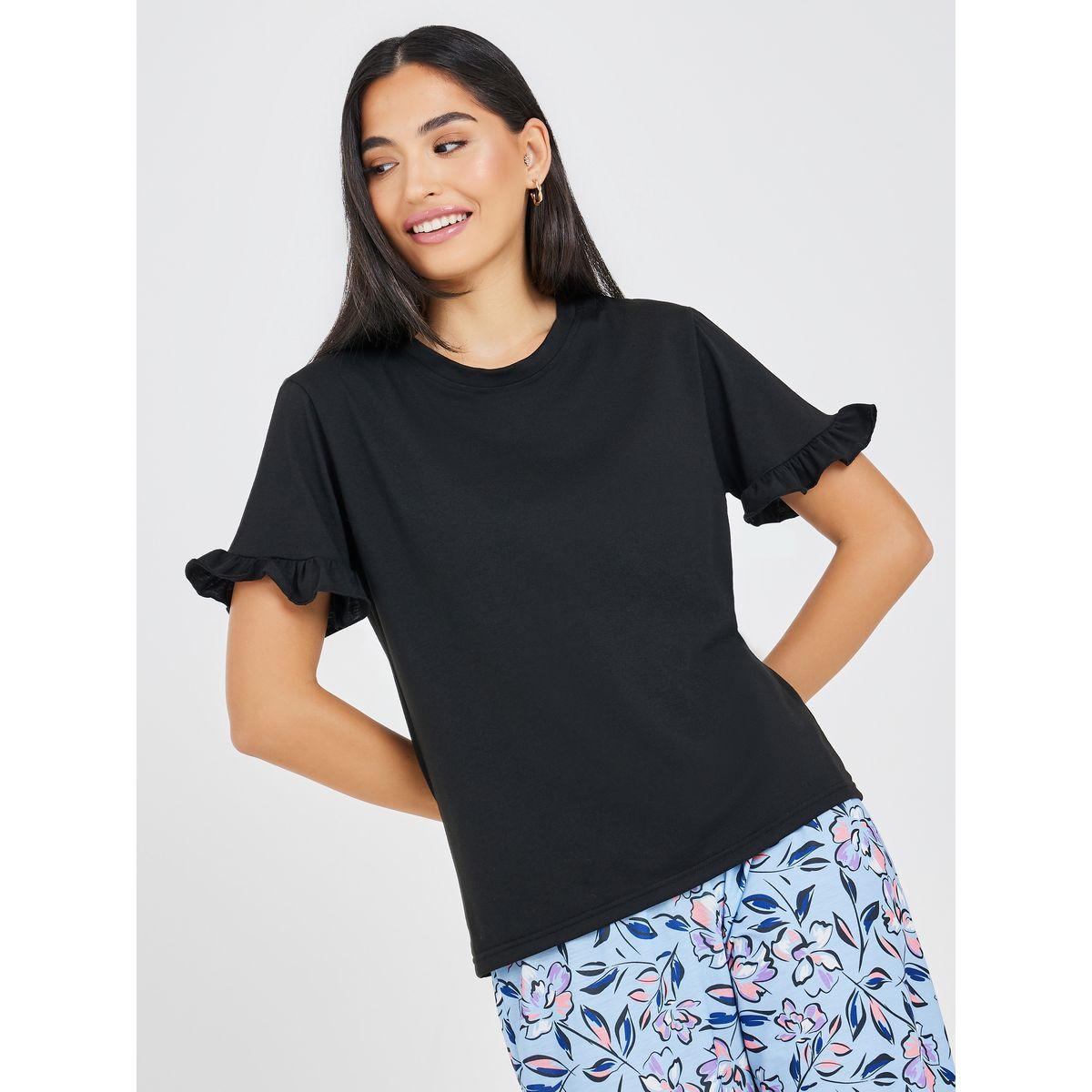 Styli Unwind Ruffle Sleeve Solid T-Shirt & Wide Leg Floral Pyjama Set-women-clothing-nightwear-pyjamas-longsets-image-2