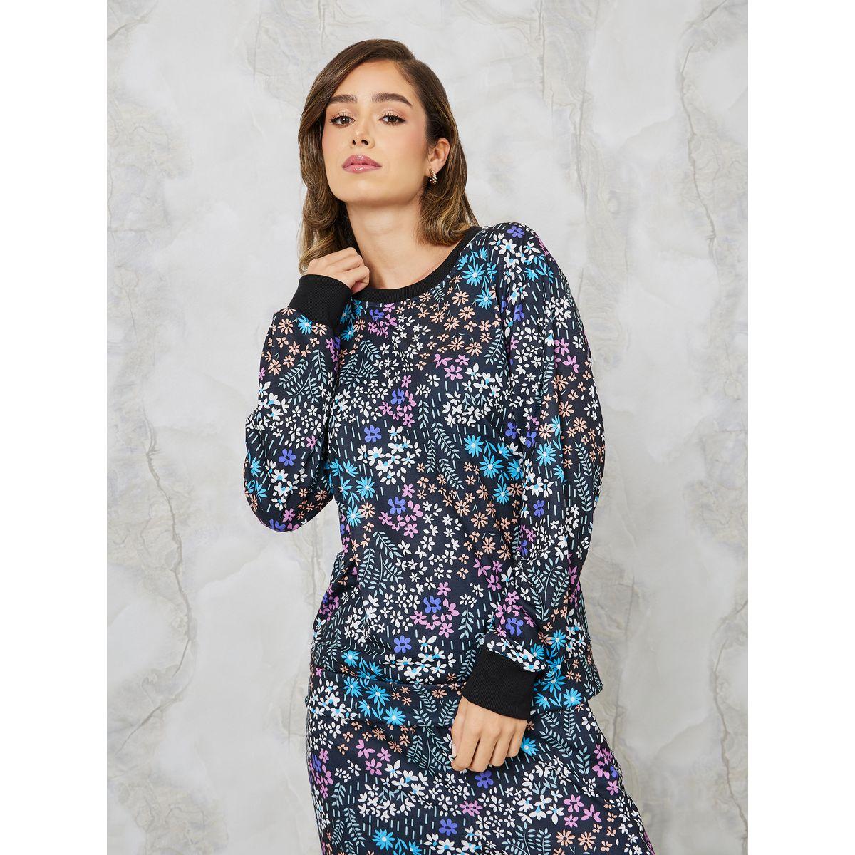 Styli Unwind AOP Floral Rib Cuff Top & Pyjama Set-women-clothing-nightwear-pyjamas-longsets-image-3