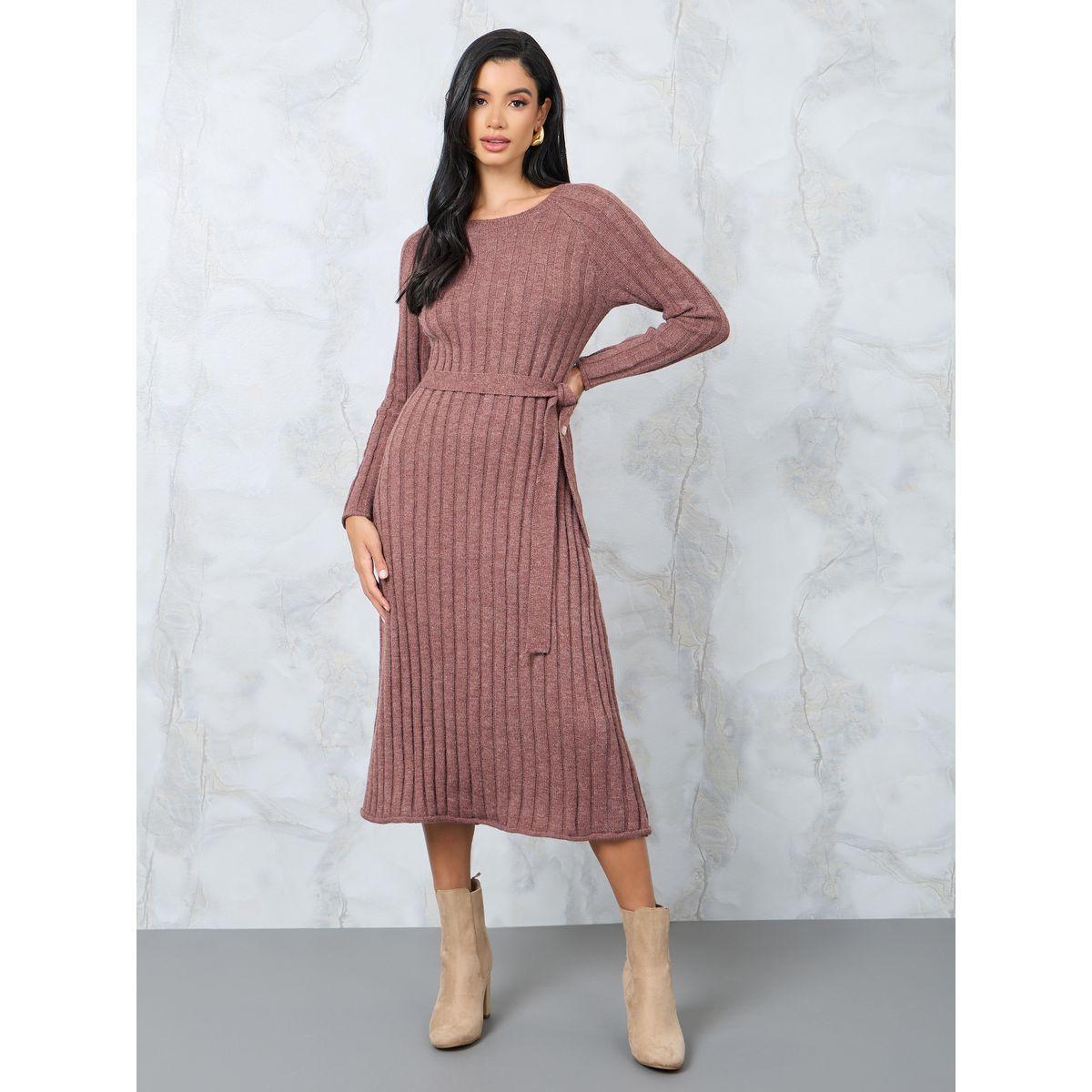 فستان ميدي مضلع بحزام خصر-women-clothing-dresses-image-1