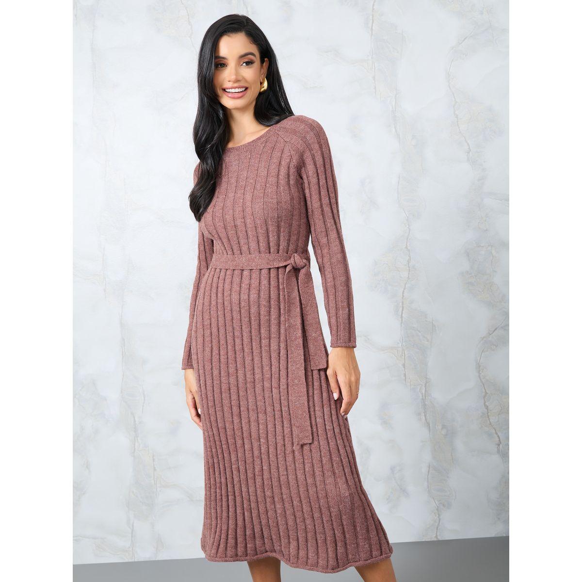 فستان ميدي مضلع بحزام خصر-women-clothing-dresses-image-2