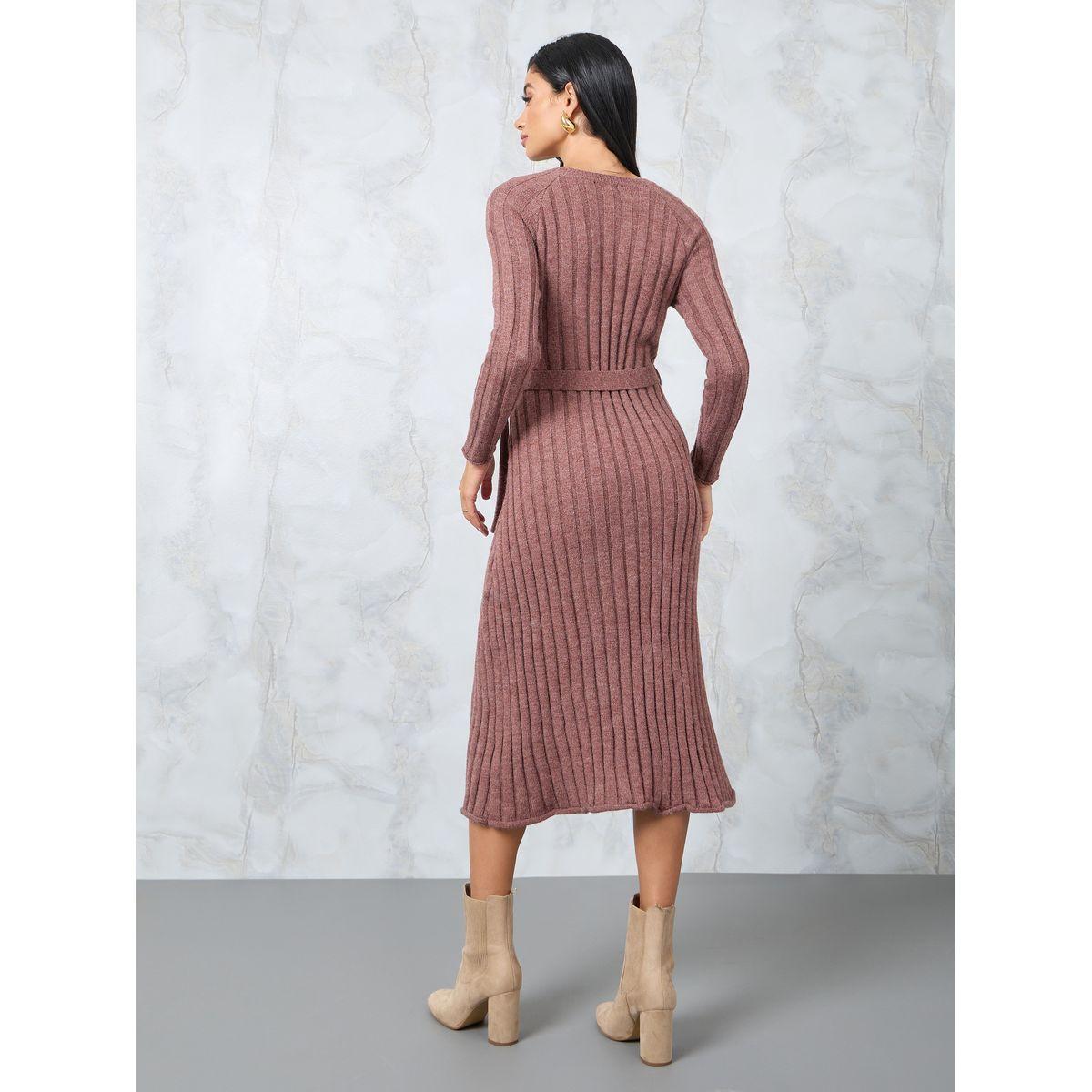 فستان ميدي مضلع بحزام خصر-women-clothing-dresses-image-4