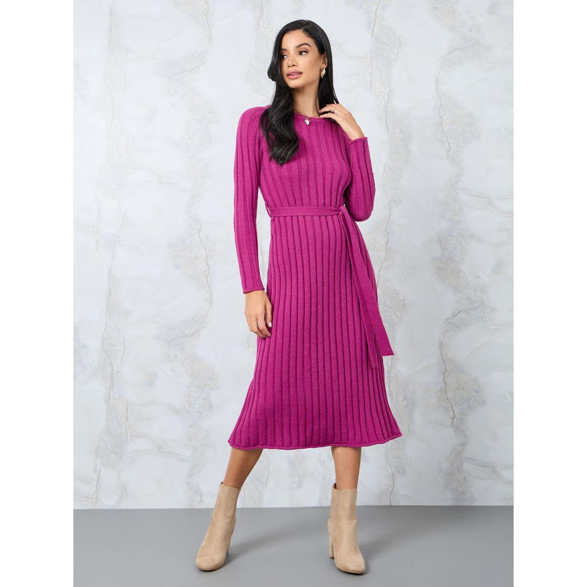 Styli Self Tie Belt Ribbed Sweater Midi Dress-women-clothing-dresses-image-1