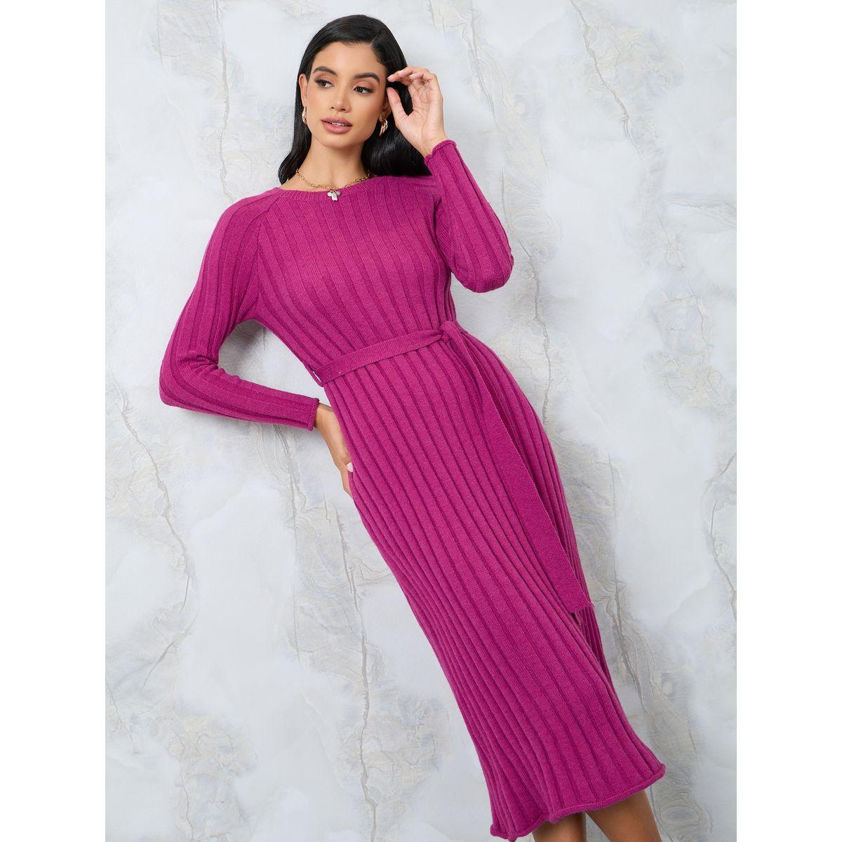 فستان ميدي مضلع بحزام خصر-women-clothing-dresses-image-2