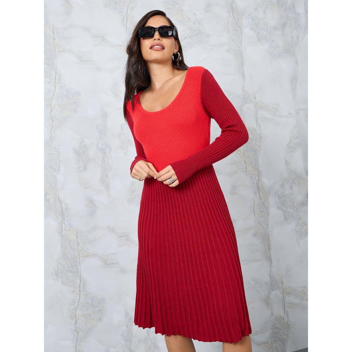 Styli Scoop Neck Textured Pleat Sweater Midi Dress-women-clothing-dresses-image-2