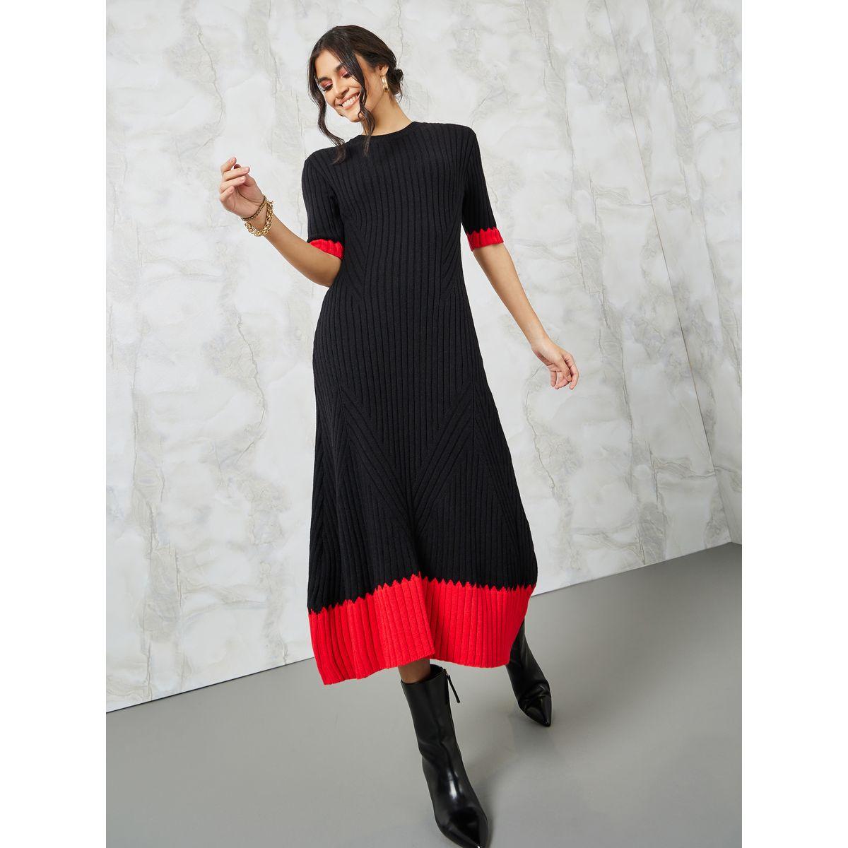Styli Contrast Trim Knitted Sweater Midi Dress-women-clothing-dresses-image-1