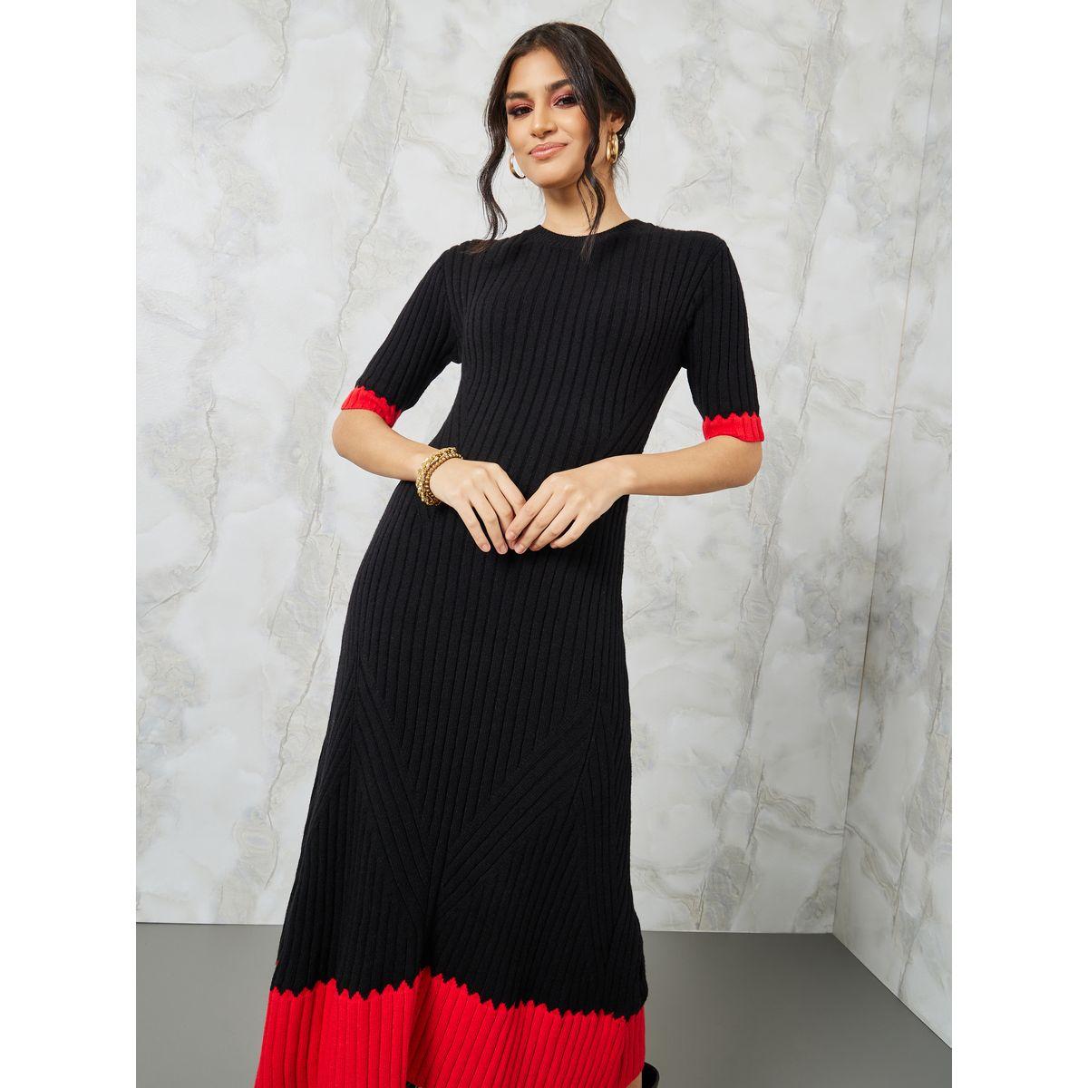 Styli Contrast Trim Knitted Sweater Midi Dress-women-clothing-dresses-image-2