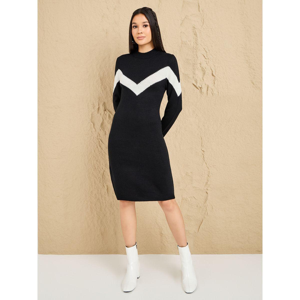 Styli Contrast Panel Knit Sweater Dress-women-clothing-dresses-image-2