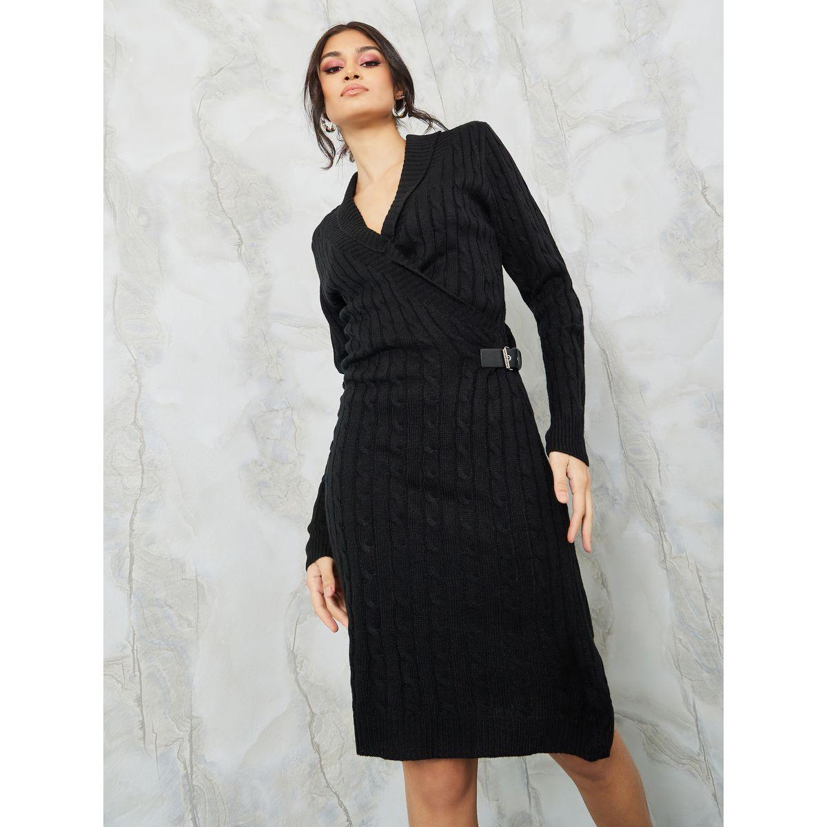 Styli Cable Knit Sweater Knee Length Dress with Belt Detail-women-clothing-dresses-image-1