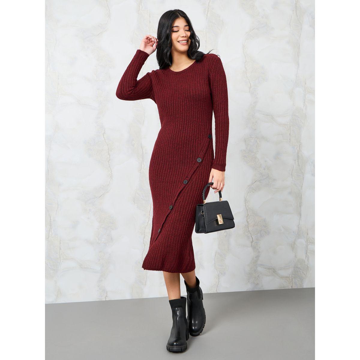 Styli Textured Knit Sweater Midi Dress with Button Detail-women-clothing-dresses-image-1