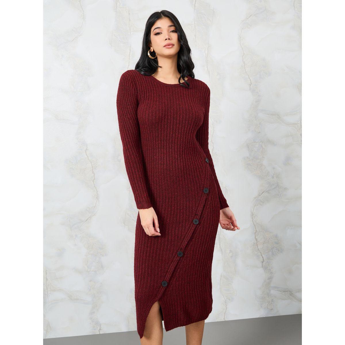 فستان ميدي محبوك مزين بأزرار-women-clothing-dresses-image-2