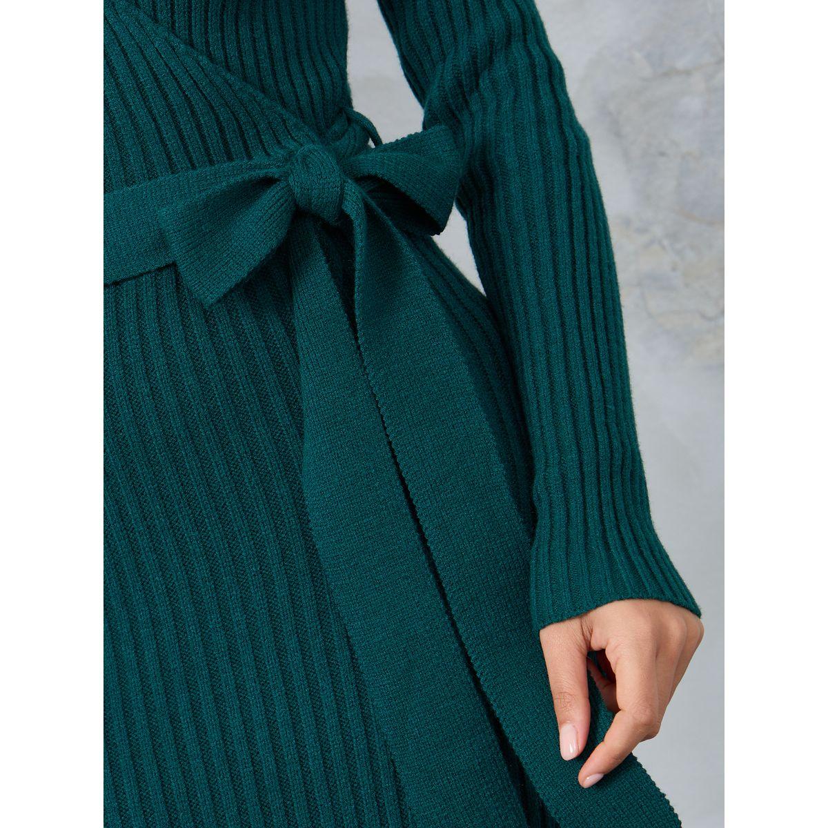 فستان ميدي مضلع بحزام خصر-women-clothing-dresses-image-3