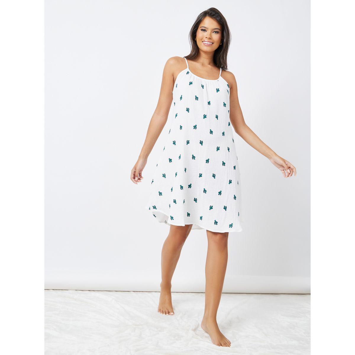 Styli Unwind Cotton AOP Cactus Pleat Neck Slip Dress-women-clothing-nightwear-nighties-image-1