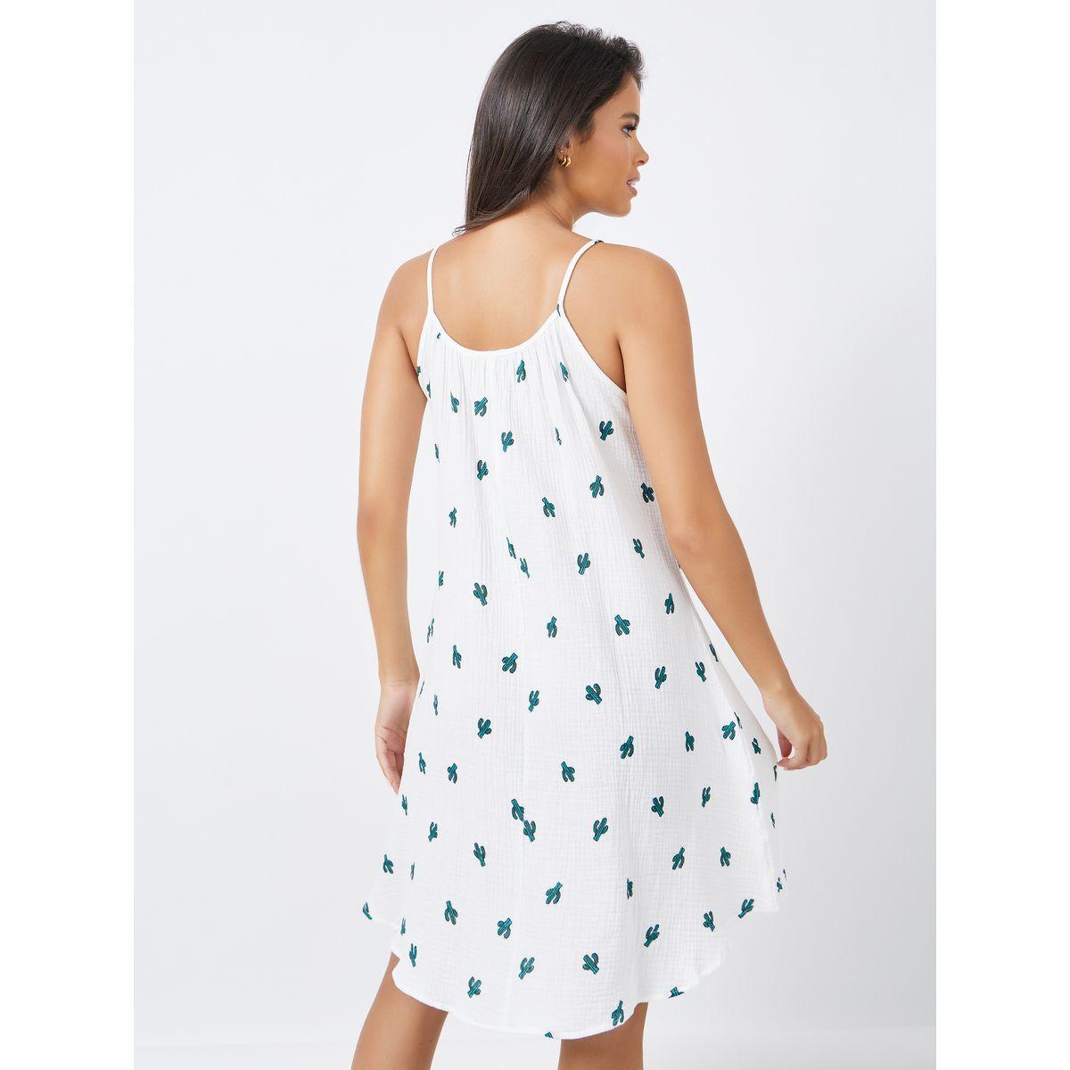 Styli Unwind Cotton AOP Cactus Pleat Neck Slip Dress-women-clothing-nightwear-nighties-image-4