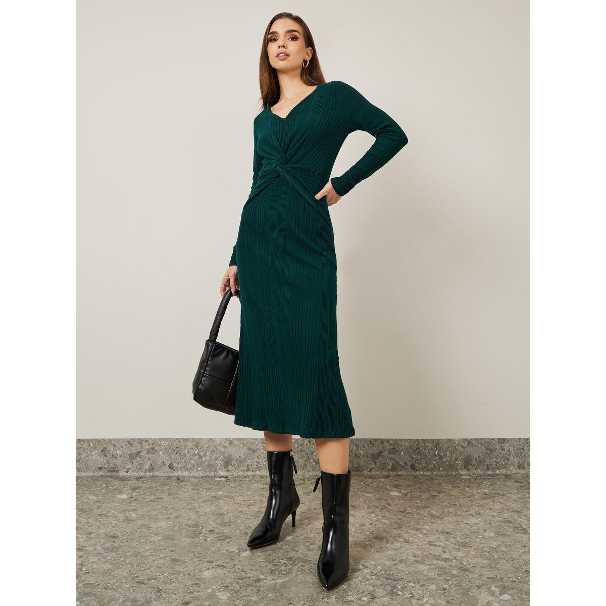 Styli Front Knot Detail Textured A-Line Midi Dress-women-clothing-dresses-image-1