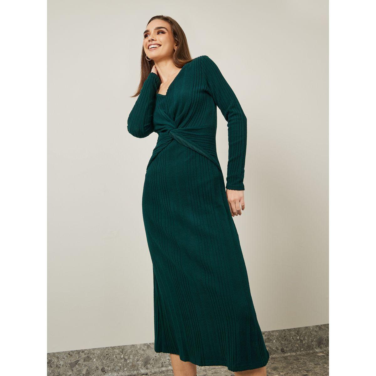 Styli Front Knot Detail Textured A-Line Midi Dress-women-clothing-dresses-image-2