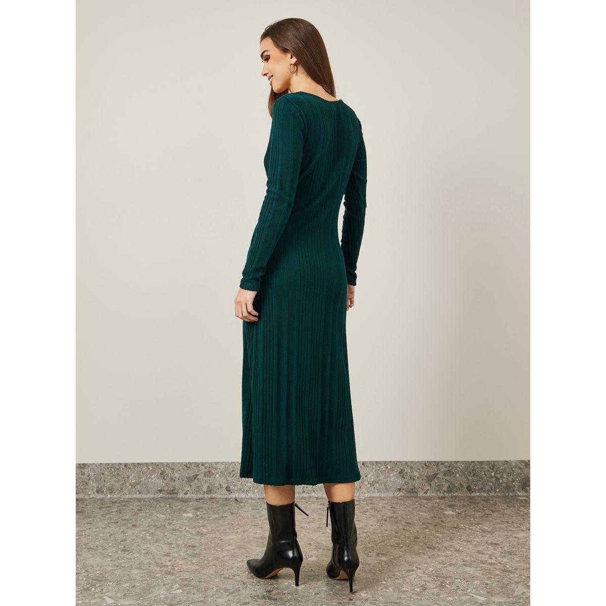 Styli Front Knot Detail Textured A-Line Midi Dress-women-clothing-dresses-image-4