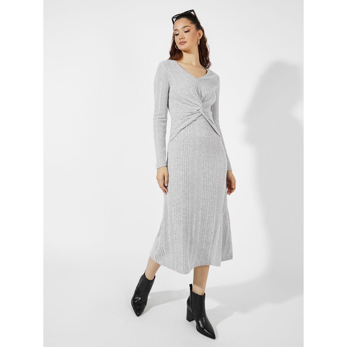 Styli Front Knot Detail Textured Knit A-Line Midi Dress-women-clothing-dresses-image-1