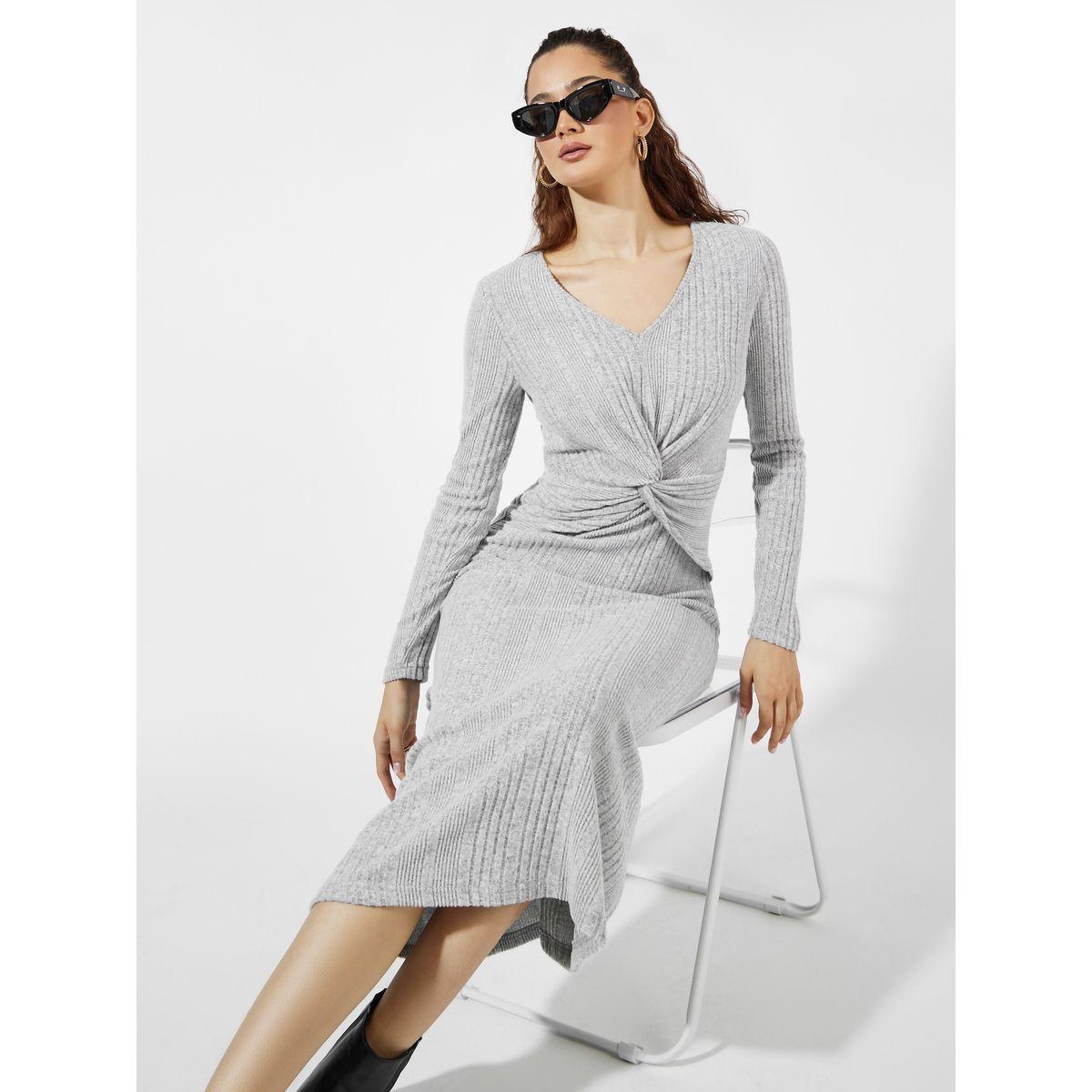 Styli Front Knot Detail Textured Knit A-Line Midi Dress-women-clothing-dresses-image-2