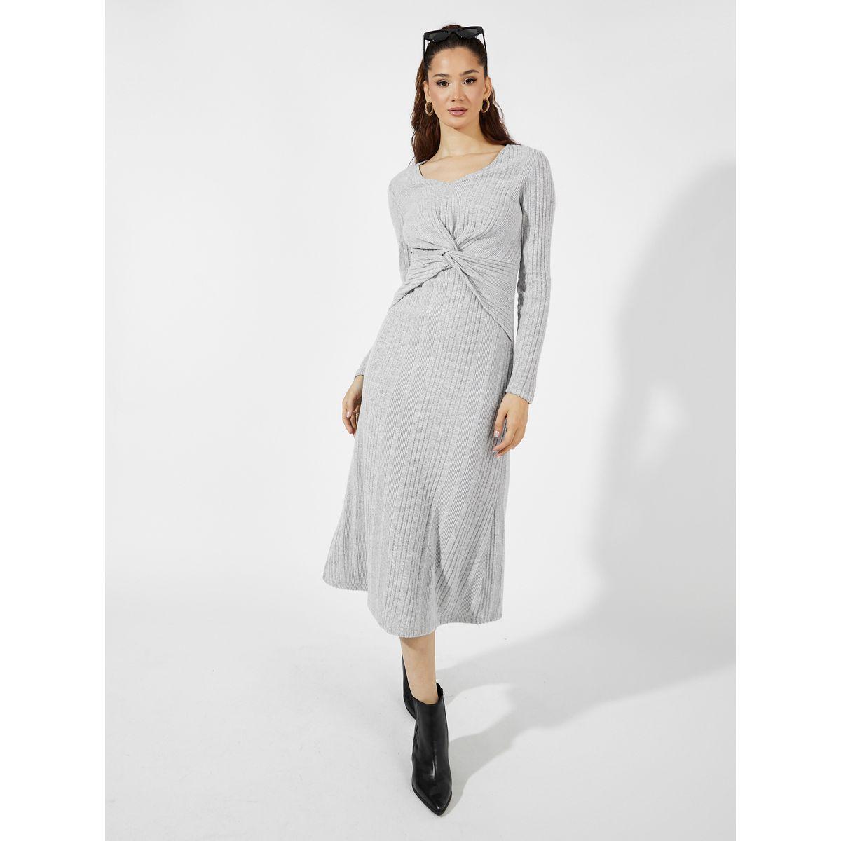 Styli Front Knot Detail Textured Knit A-Line Midi Dress-women-clothing-dresses-image-3