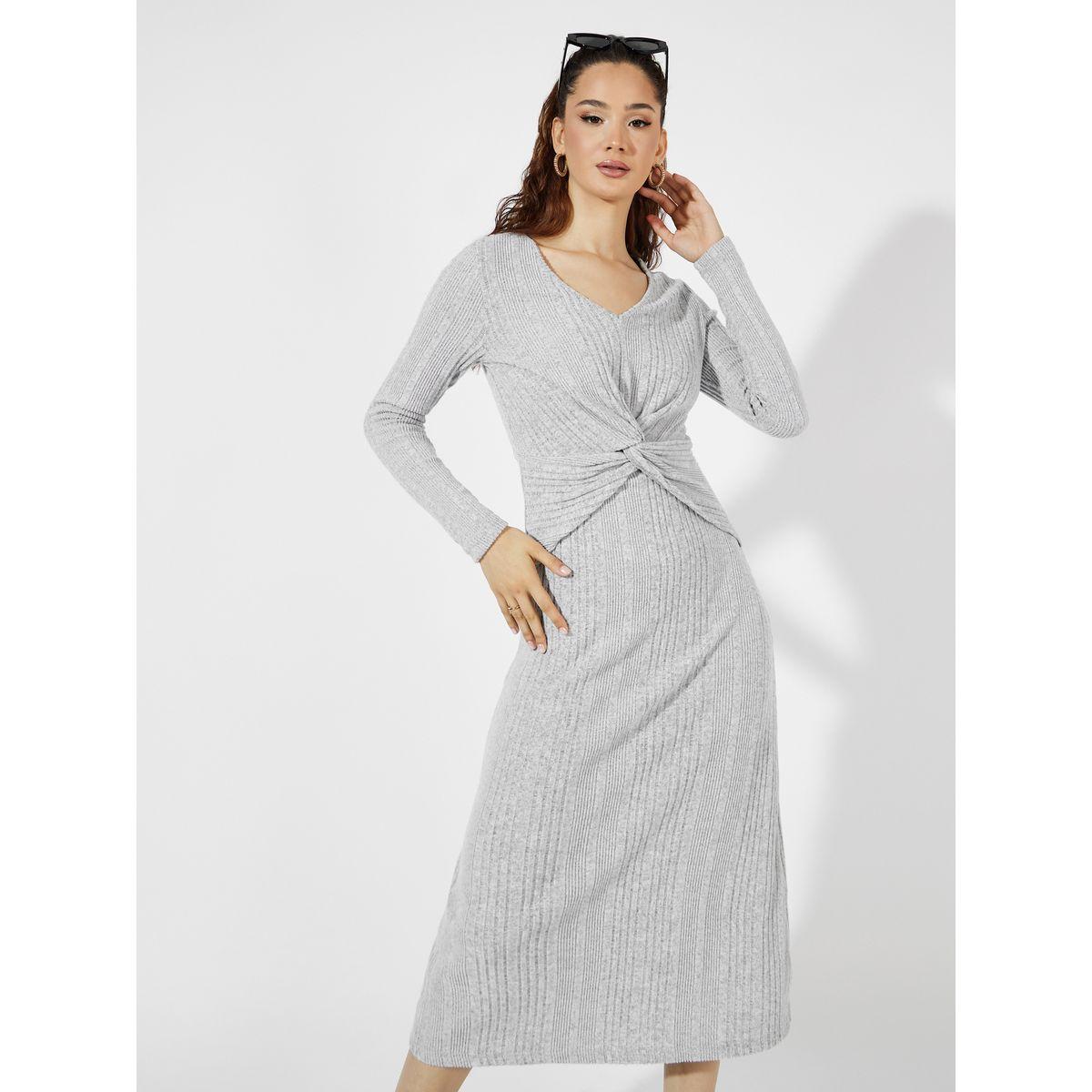 Styli Front Knot Detail Textured Knit A-Line Midi Dress-women-clothing-dresses-image-4