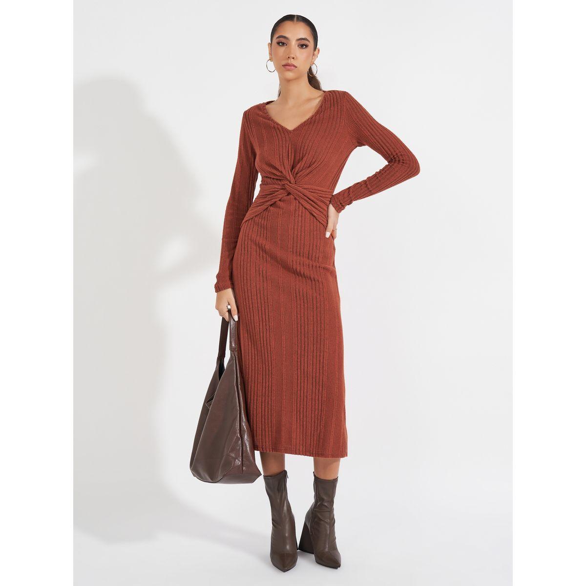 فستان ميدي محبوك مزين بعقدة-women-clothing-dresses-image-1