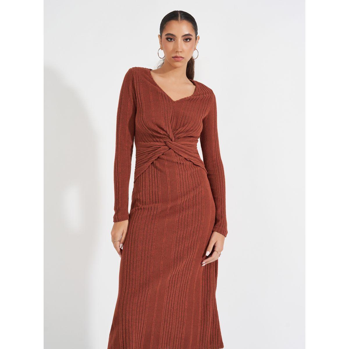 فستان ميدي محبوك مزين بعقدة-women-clothing-dresses-image-4