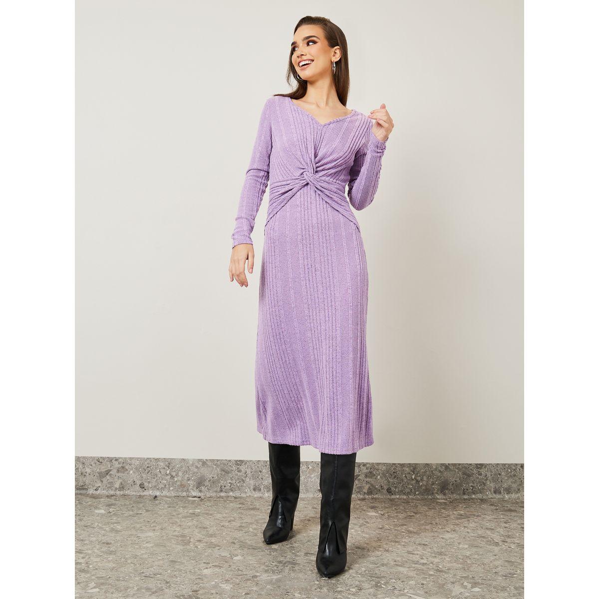 Styli Front Knot Detail Textured A-Line Midi Dress-women-clothing-dresses-image-1