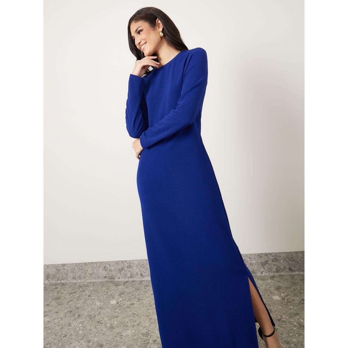 Styli Round Neck Sweatshirt Maxi Dress with Side Slit-women-clothing-dresses-image-2