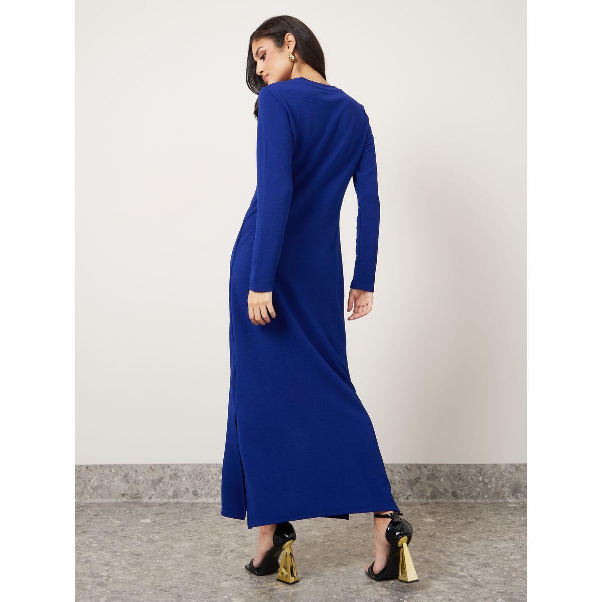 Styli Round Neck Sweatshirt Maxi Dress with Side Slit-women-clothing-dresses-image-4