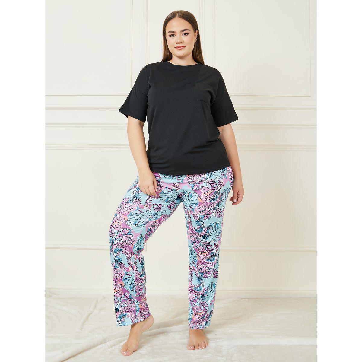 Styli Unwind Plus Drop Shoulder Pocket T-Shirt & Palm Printed Pyjama Set-women-clothing-nightwear-pyjamas-longsets-image-1