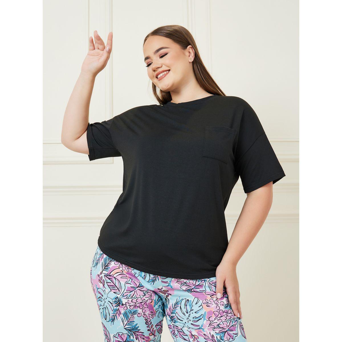 Styli Unwind Plus Drop Shoulder Pocket T-Shirt & Palm Printed Pyjama Set-women-clothing-nightwear-pyjamas-longsets-image-2
