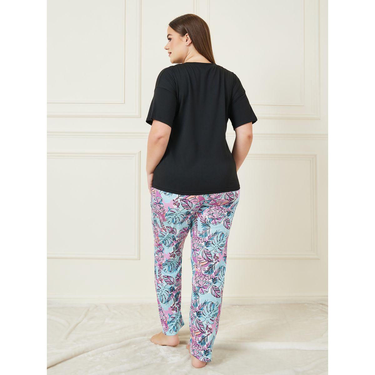 Styli Unwind Plus Drop Shoulder Pocket T-Shirt & Palm Printed Pyjama Set-women-clothing-nightwear-pyjamas-longsets-image-5