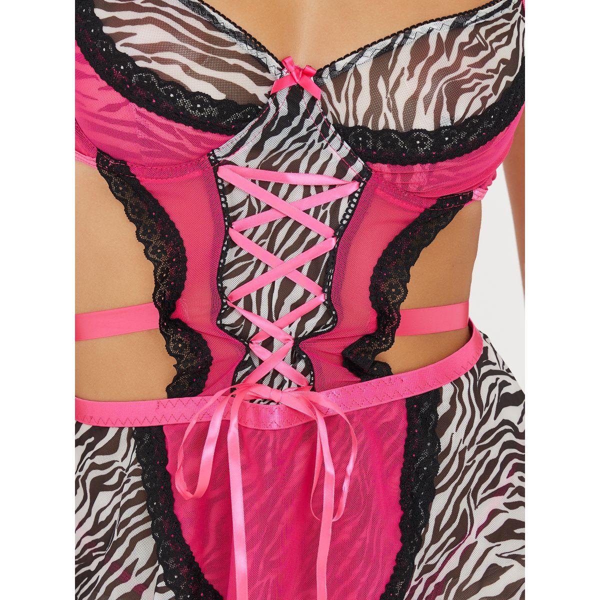 Styli Non Padded Wired Zebra Print Lace Maid Dress Up Babydoll with Thong-women-clothing-lingerie-babydollsandbodysuits-image-2
