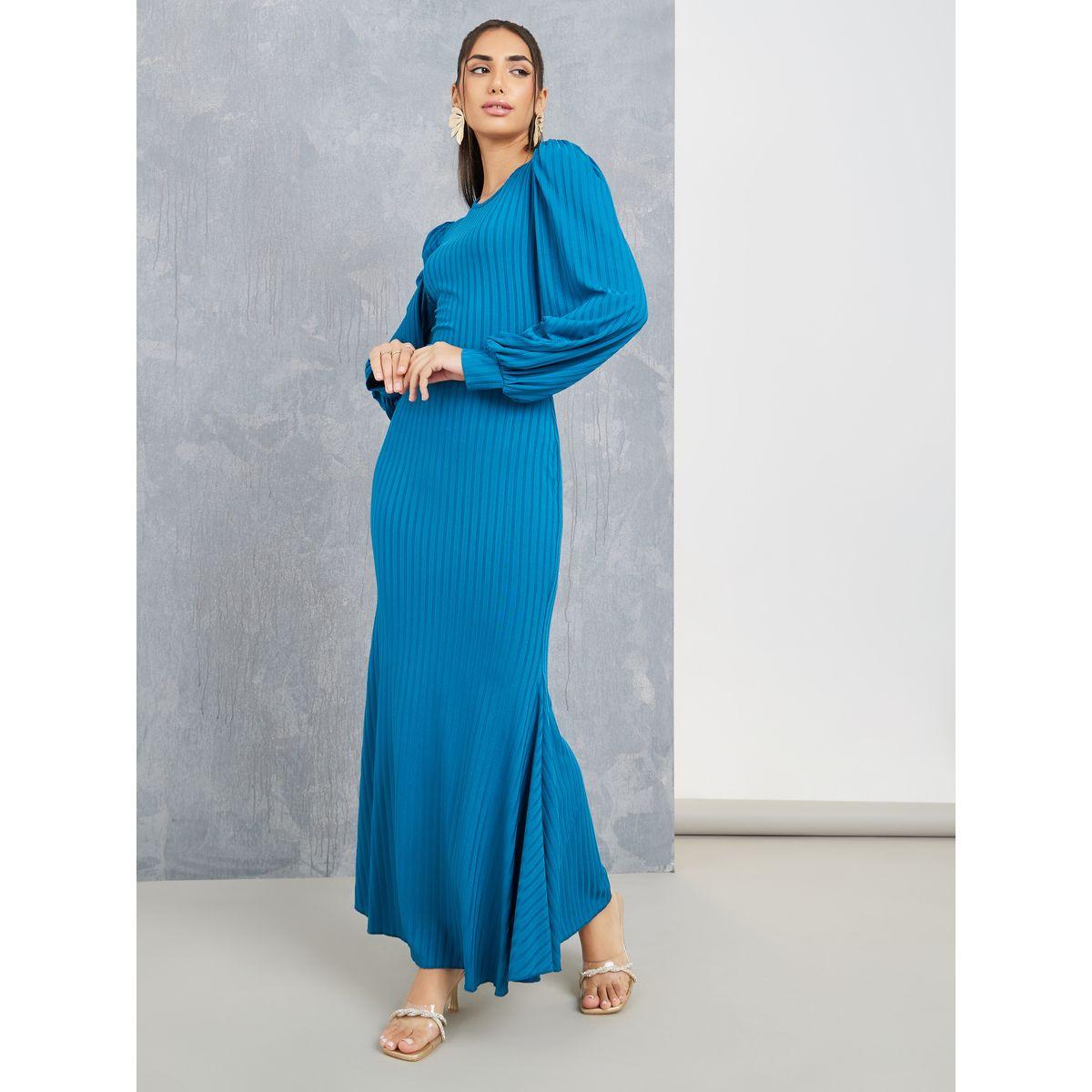 Styli Textured Knit Frill Hem Maxi Dress with Volume Sleeve-women-clothing-dresses-image-1