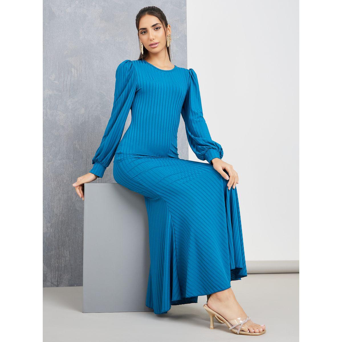 Styli Textured Knit Frill Hem Maxi Dress with Volume Sleeve-women-clothing-dresses-image-2